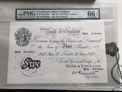 【收藏联盟】第120期拍卖——巴涅尔纪念碑 - 【冠军分】英国 1947年5镑 早期白色英镑 冠军分PMG66EPQ 超大票幅