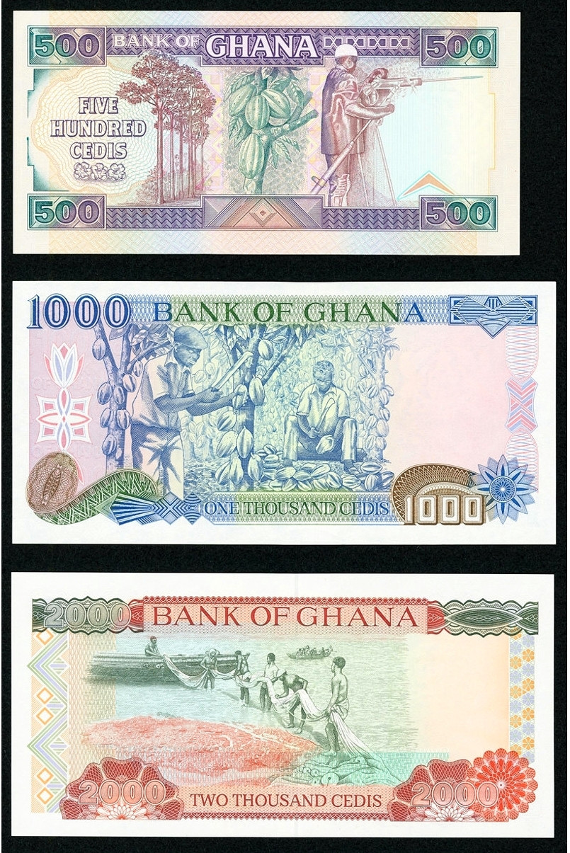【收藏联盟】第120期拍卖——巴涅尔纪念碑 【一组4张】加纳1984年10塞地&1990-95年 早期版本500-1000-2000塞地 全新UNC  风土人情浓郁