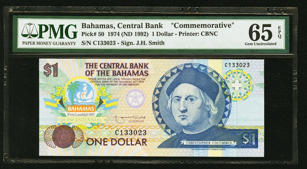 【收藏联盟】第120期拍卖——巴涅尔纪念碑 【一组2张】巴哈马 2001年 1元 p69 PMG66EPQ 巴哈马国父林登•平德林&巴哈马 1974年 1/2元 p42a 女王纸币 PMG65EPQ