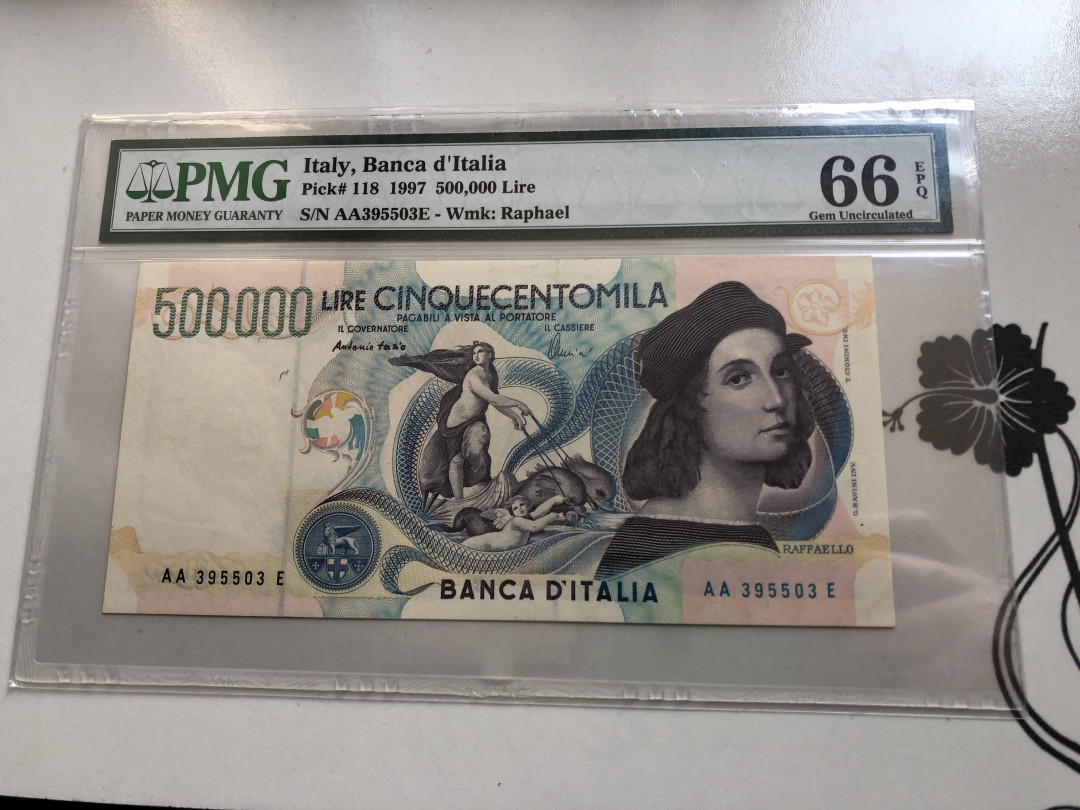 【收藏联盟】第120期拍卖——巴涅尔纪念碑 【AA冠】意大利 1997年 50万里拉p118 PMG66EPQ  经典拉斐尔