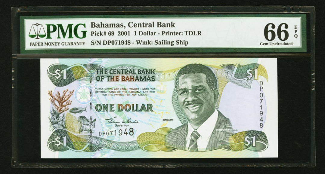 【收藏联盟】第120期拍卖——巴涅尔纪念碑 【一组2张】巴哈马 2001年 1元 p69 PMG66EPQ 巴哈马国父林登•平德林&巴哈马 1974年 1/2元 p42a 女王纸币 PMG65EPQ