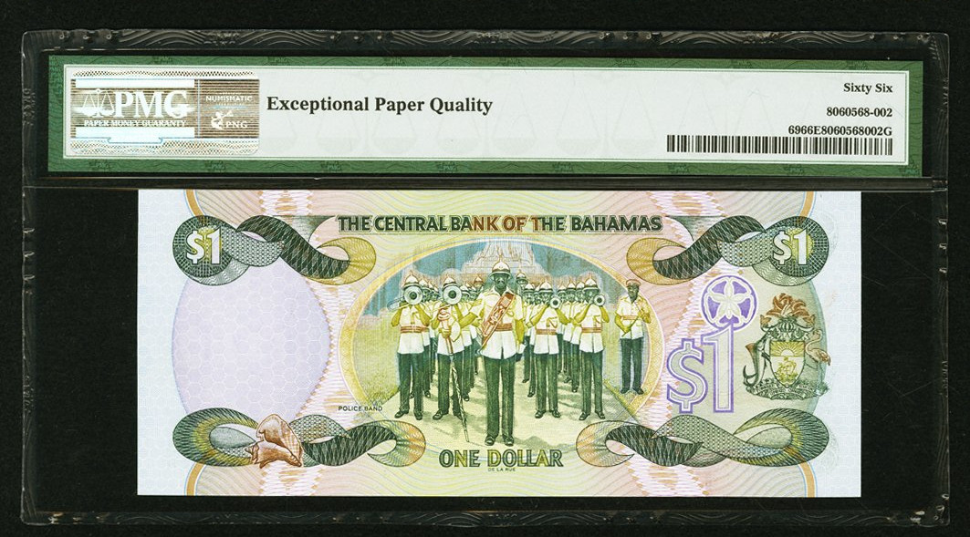 【收藏联盟】第120期拍卖——巴涅尔纪念碑 【一组2张】巴哈马 2001年 1元 p69 PMG66EPQ 巴哈马国父林登•平德林&巴哈马 1974年 1/2元 p42a 女王纸币 PMG65EPQ