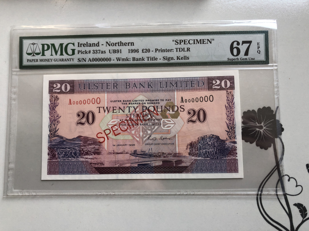 【收藏联盟】第120期拍卖——巴涅尔纪念碑 【样钞】北爱尔兰 1996年 20镑 PMG67EPQ 高分