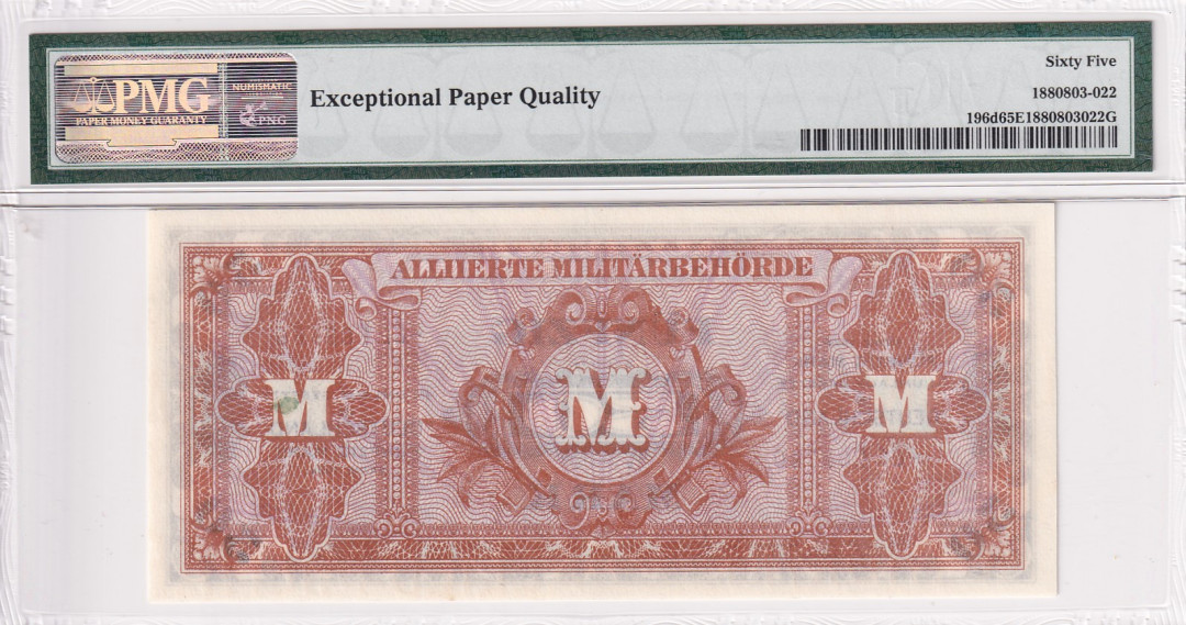 【收藏联盟】第121期拍卖——现代戏剧之父 【一组6张】德国二战时期 盟军占领时期军票 1944年1-100马克PMG64-PMG65EPQ（包含1张豹子号）