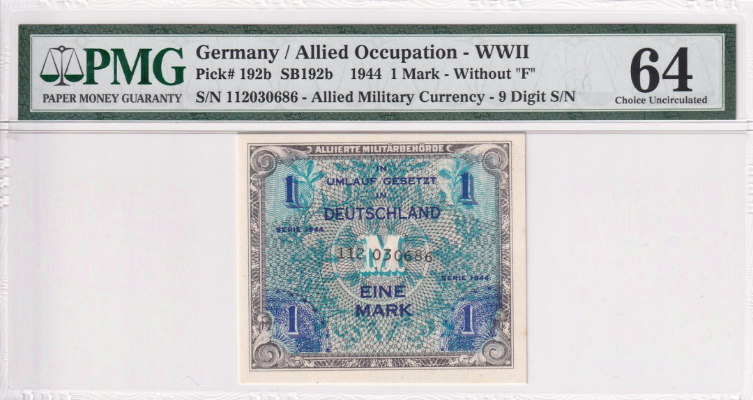 【收藏联盟】第121期拍卖——现代戏剧之父 【一组6张】德国二战时期 盟军占领时期军票 1944年1-100马克PMG64-PMG65EPQ（包含1张豹子号）