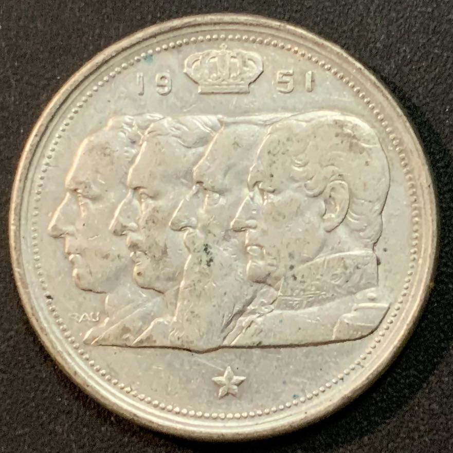 紫瑗钱币—微拍第27期  比利时 1951年 4国王头像 100法郎 18克 0.835银