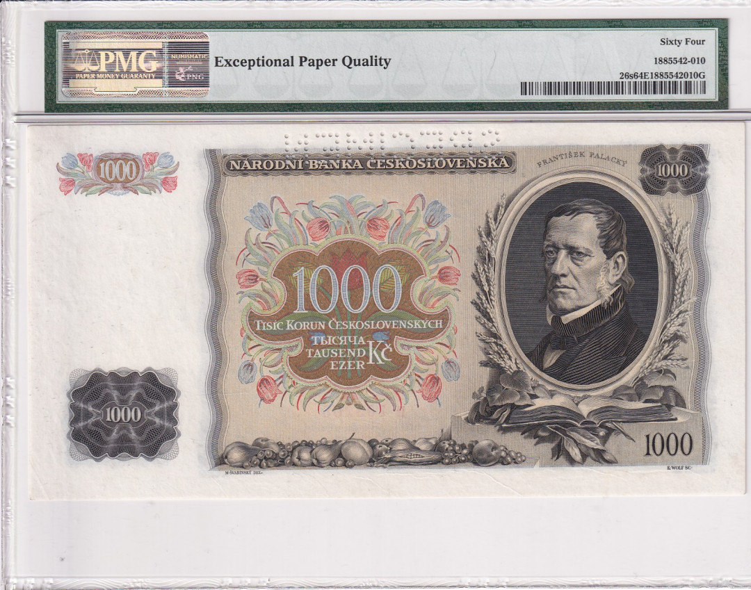 【收藏联盟】第121期拍卖——现代戏剧之父 【样钞】捷克斯洛伐克 1934年 p26S  1000克朗PMG64EPQ