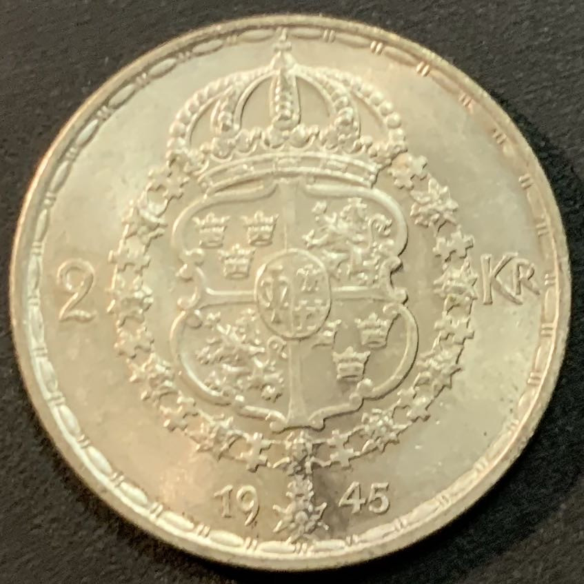 紫瑗钱币—微拍第27期  瑞典 1945年 古斯塔夫五世 2克朗 14克 0.4银