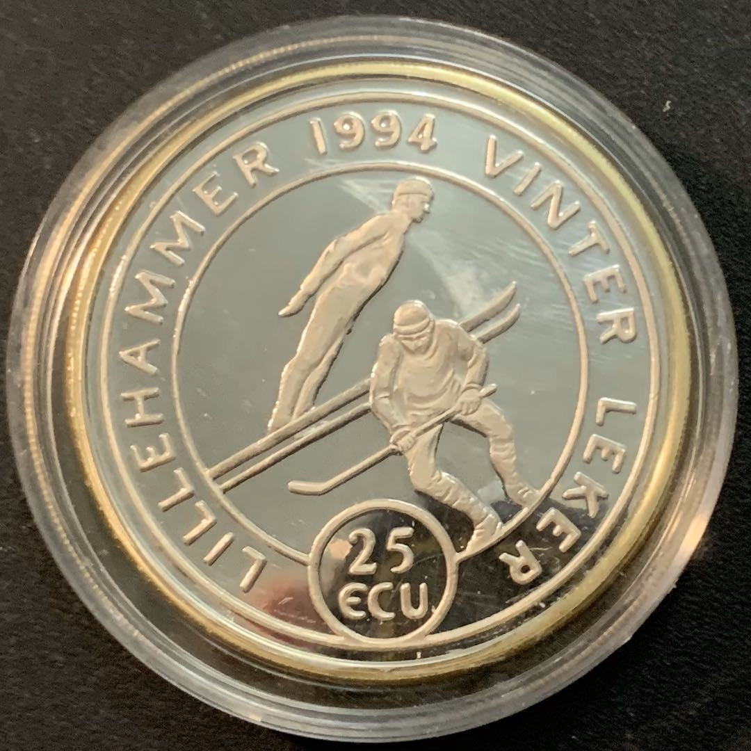 紫瑗钱币—微拍第27期  挪威 1994年 滑雪与曲棍球与动员 25埃局 22克 0.925银 精制