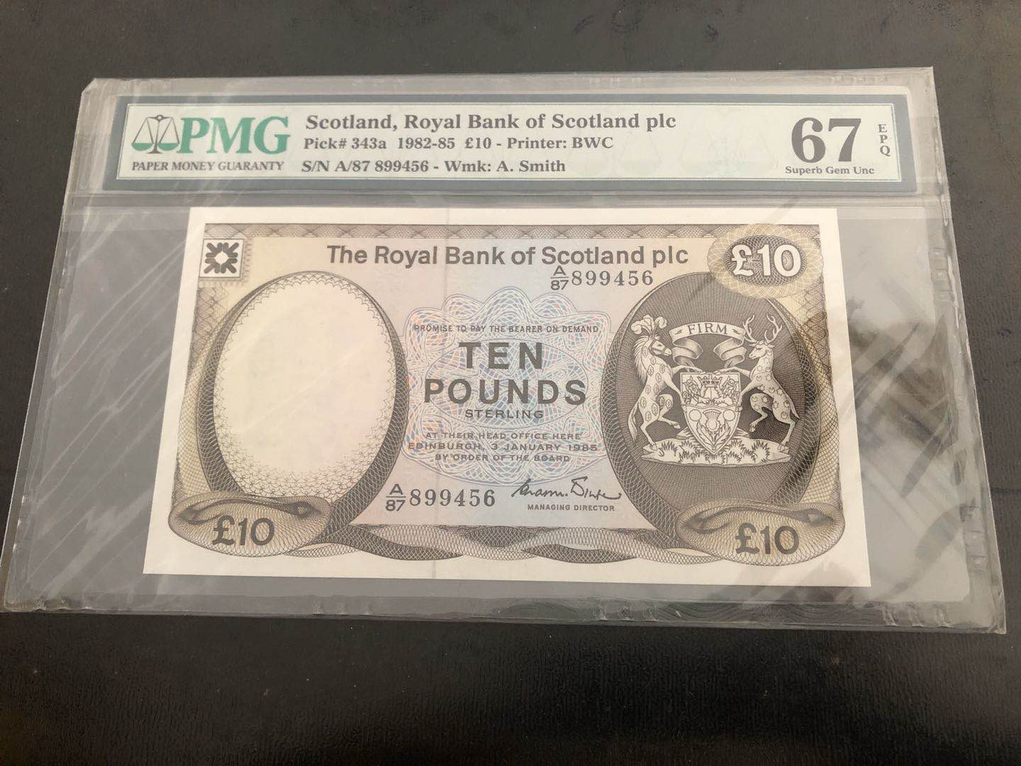 【收藏联盟】第121期拍卖——现代戏剧之父 苏格兰 1982-85年 10镑 p343a  PMG67EPQ  BWC出品