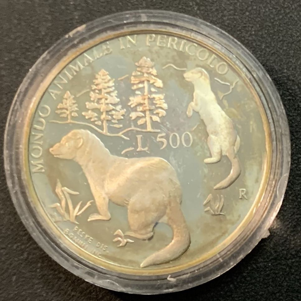 紫瑗钱币—微拍第27期  圣马力诺 1993年 保护动物系列 狐鼬 500里拉 11克 0.835银
