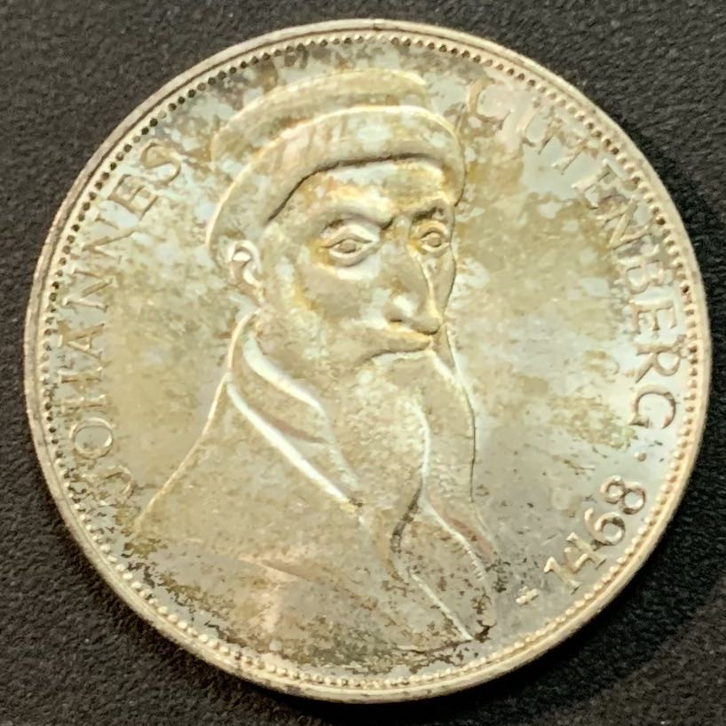 紫瑗钱币—微拍第27期  德国 1968年 G厂 古登贝格500周年 5马克 11.2克 0.625银