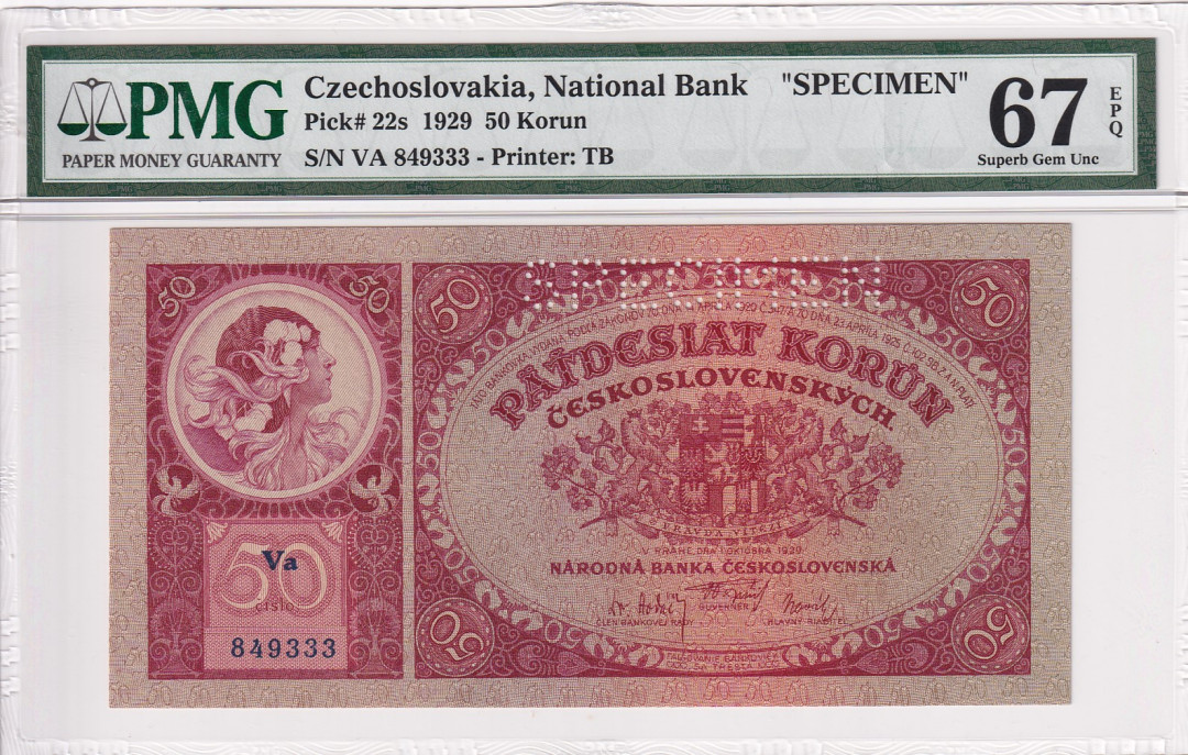 【收藏联盟】第121期拍卖——现代戏剧之父 【样钞-333豹子号】捷克斯洛伐克 1929年 50克朗PMG67EPQ 高分