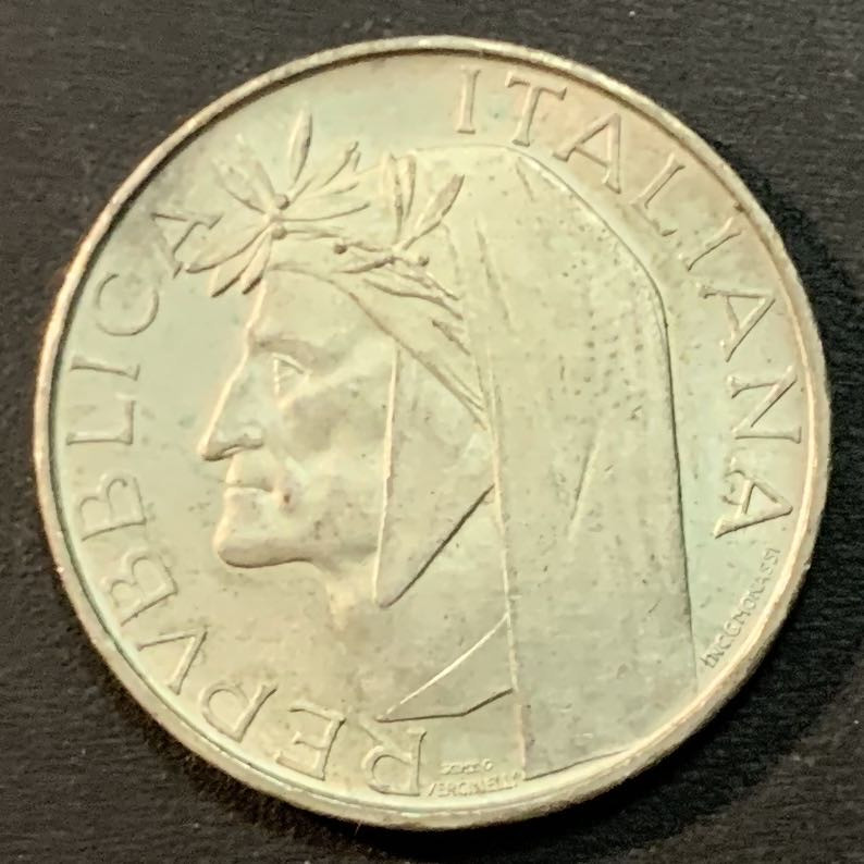 紫瑗钱币—微拍第27期  意大利 1965年  诗人但丁 500里拉 11克 0.835银 