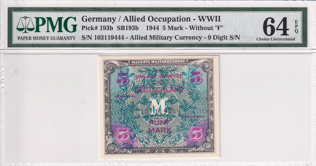 【收藏联盟】第121期拍卖——现代戏剧之父 【一组6张】德国二战时期 盟军占领时期军票 1944年1-100马克PMG64-PMG65EPQ（包含1张豹子号）