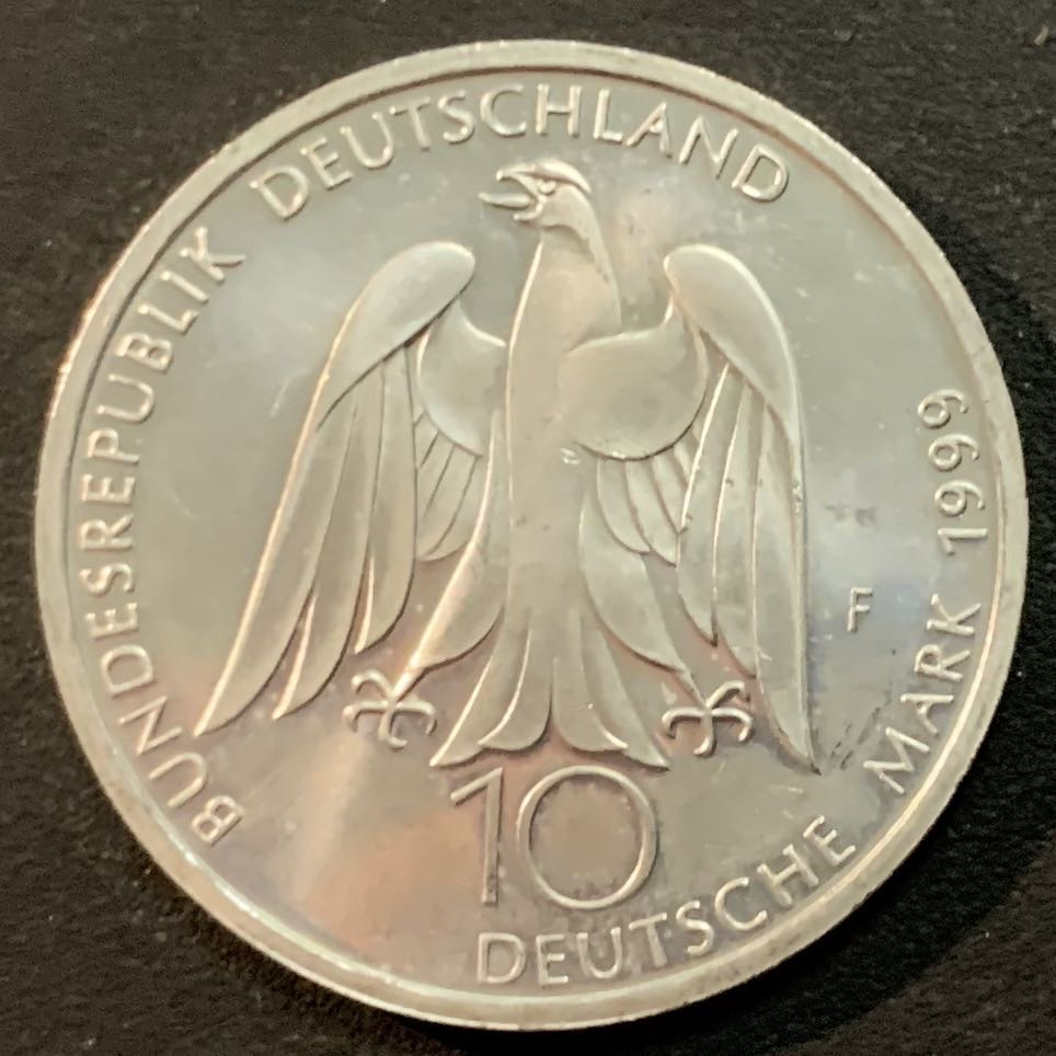 紫瑗钱币—微拍第27期  德国 1999年 F厂 歌德诞辰250周年 10马克 15.5克 0.925银