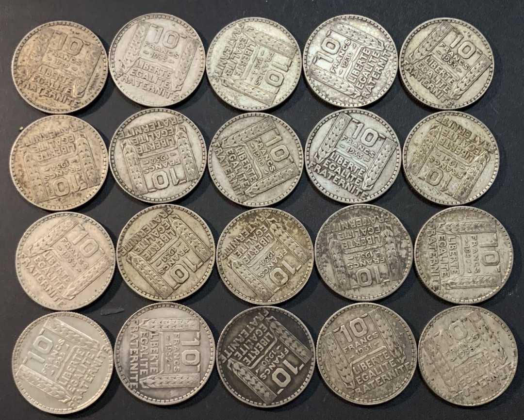 紫瑗钱币—微拍第27期  法国 1929—1939年 自由女神 10法郎 20枚一组 共200克 0.68银 