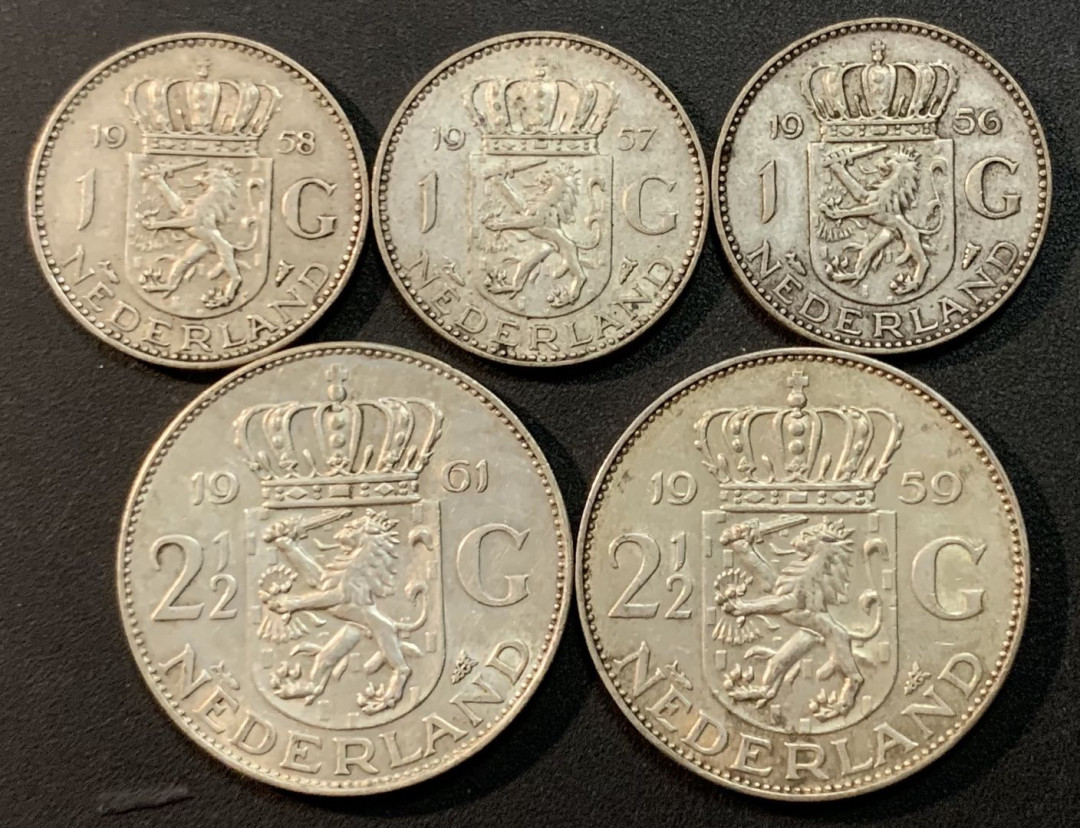 紫瑗钱币—微拍第27期  荷兰 1950年代  1盾 2.5盾 银币 一组5枚