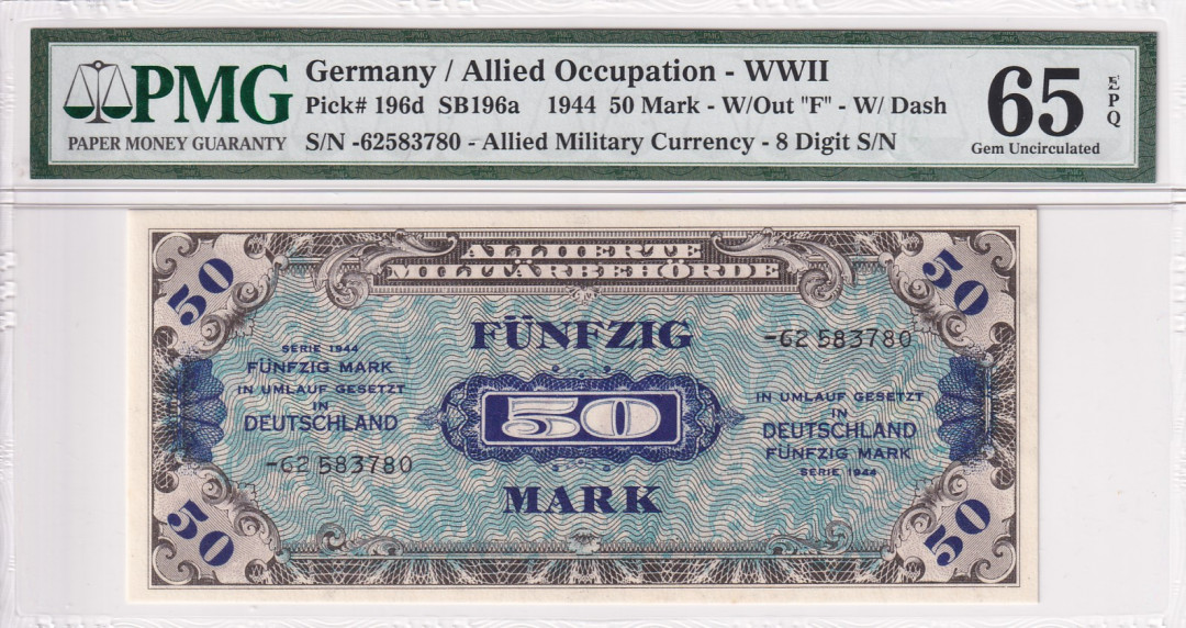 【收藏联盟】第121期拍卖——现代戏剧之父 【一组6张】德国二战时期 盟军占领时期军票 1944年1-100马克PMG64-PMG65EPQ（包含1张豹子号）