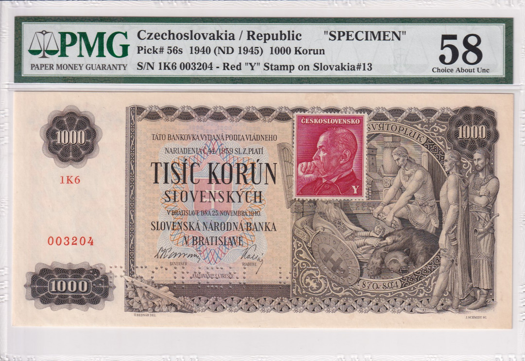 【收藏联盟】第121期拍卖——现代戏剧之父 【样钞】捷克斯洛伐克 1945年 1000克朗PMG58 贴票 超大票幅