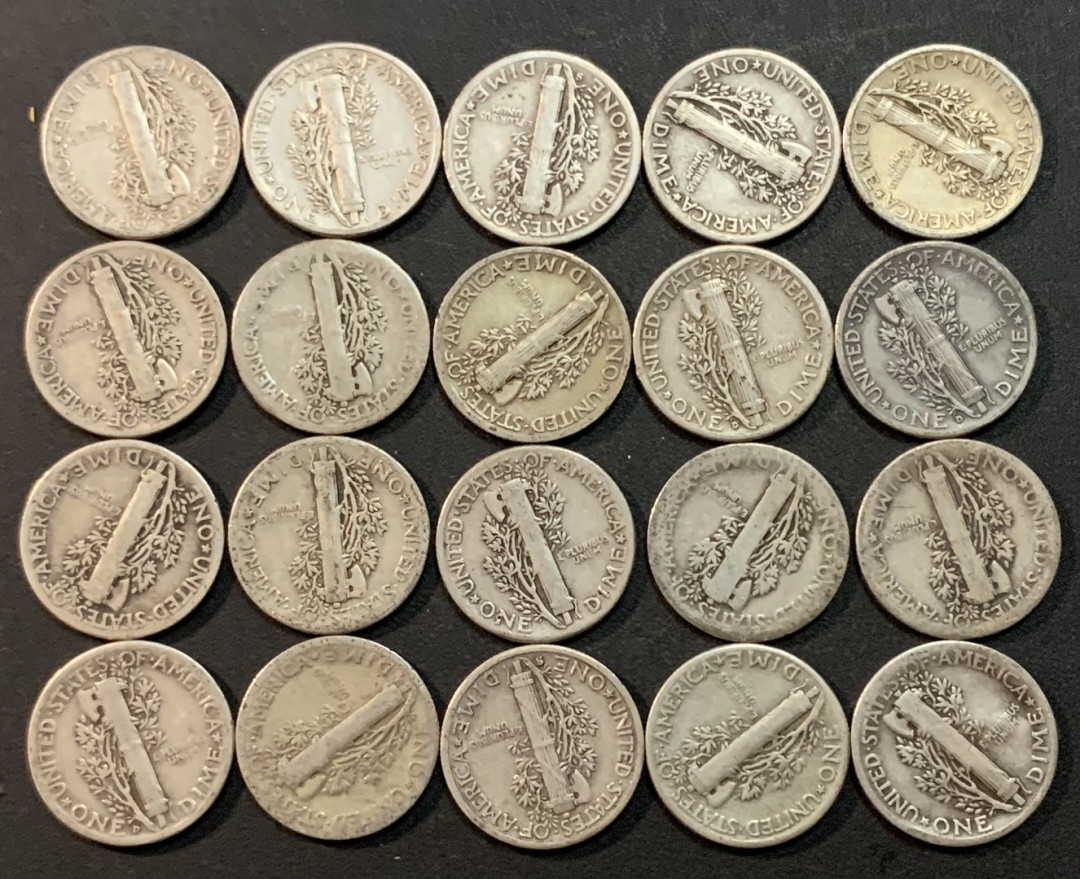 紫瑗钱币—微拍第27期  美国 1916—1945年 小飞侠 10美分 一组20枚 共50克  0.9银