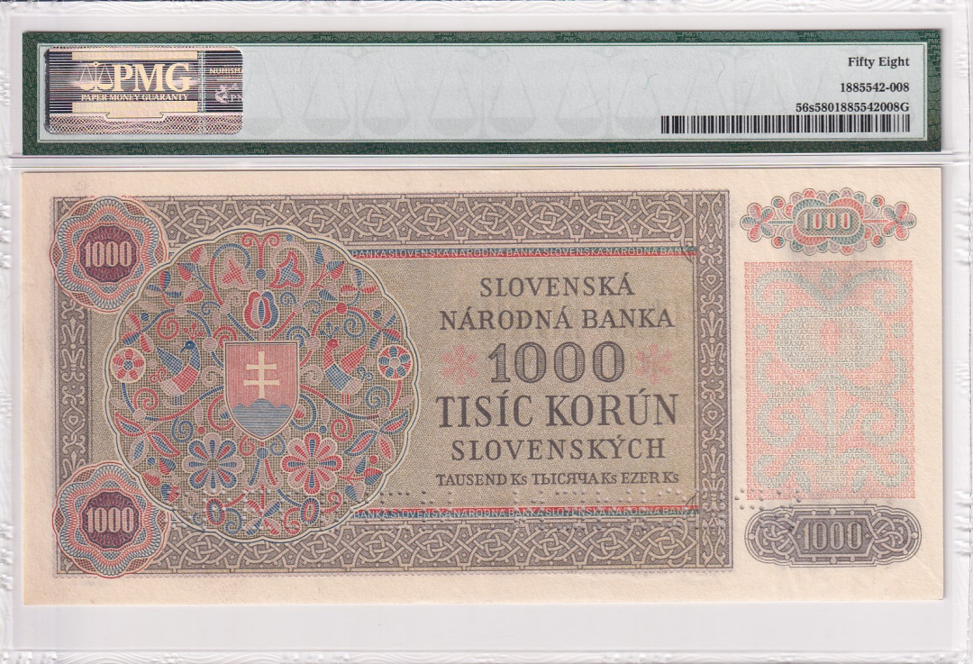 【收藏联盟】第121期拍卖——现代戏剧之父 【样钞】捷克斯洛伐克 1945年 1000克朗PMG58 贴票 超大票幅