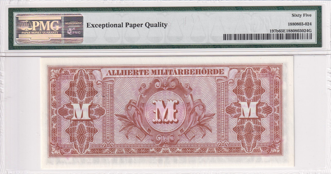 【收藏联盟】第121期拍卖——现代戏剧之父 【一组6张】德国二战时期 盟军占领时期军票 1944年1-100马克PMG64-PMG65EPQ（包含1张豹子号）