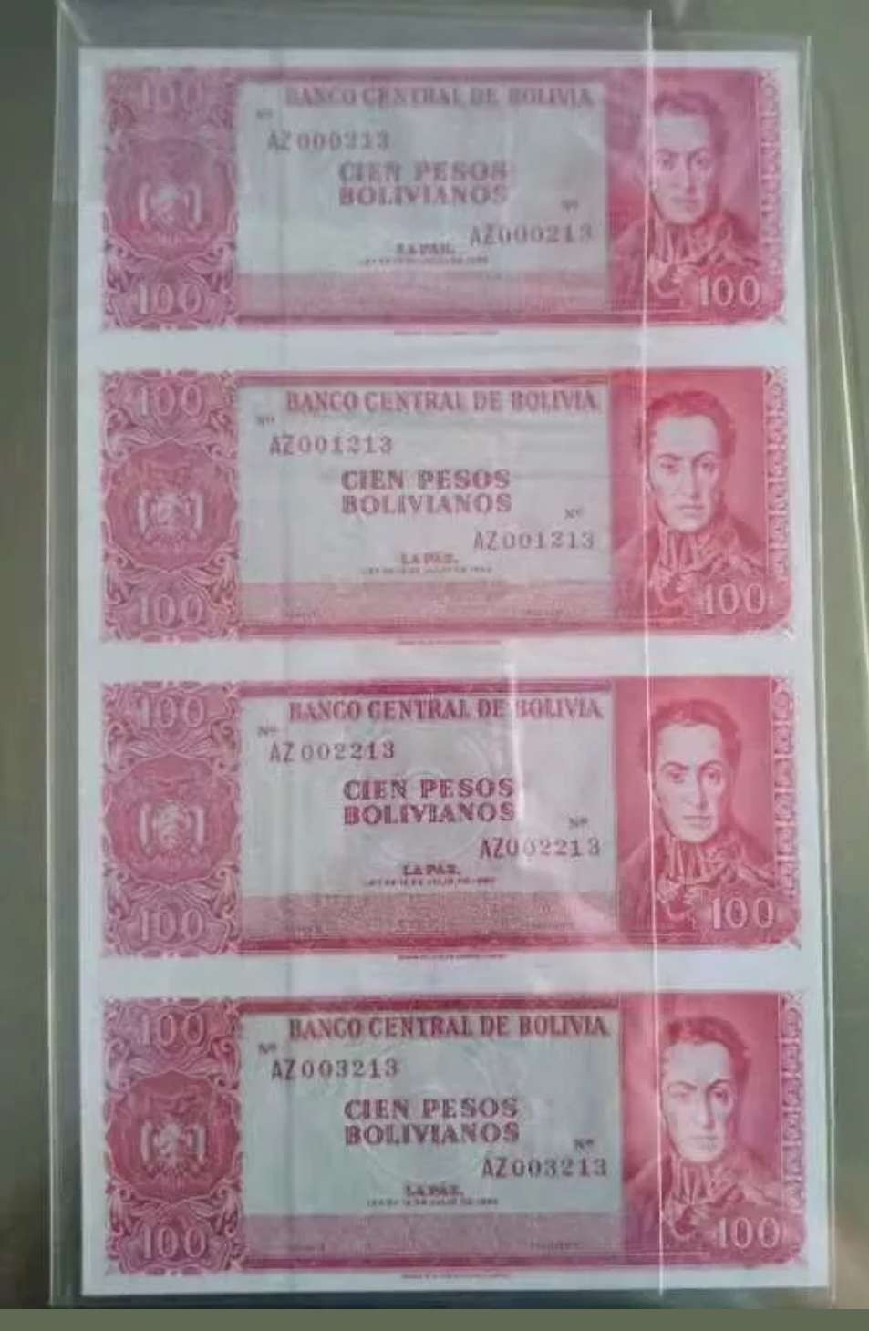 【鲸贝乐淘】千字文·第“鸣凤在竹”号拍卖  【玻利维亚】1962年100玻利瓦尔，4连体，全新全品