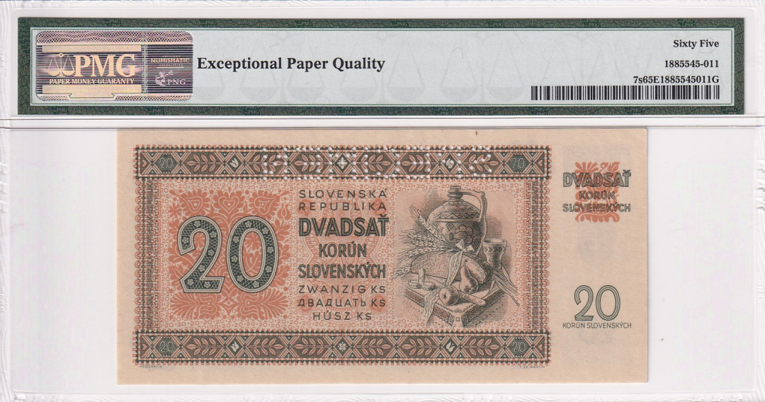 【收藏联盟】第121期拍卖——现代戏剧之父 【样钞】捷克斯洛伐克 1942年 20克朗PMG65EPQ  p7S
