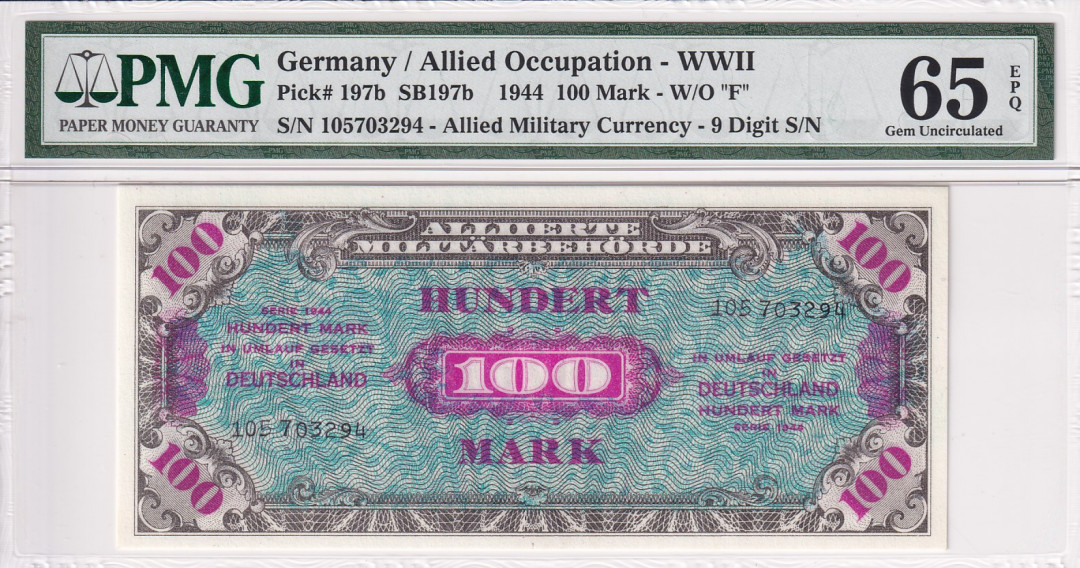 【收藏联盟】第121期拍卖——现代戏剧之父 【一组6张】德国二战时期 盟军占领时期军票 1944年1-100马克PMG64-PMG65EPQ（包含1张豹子号）