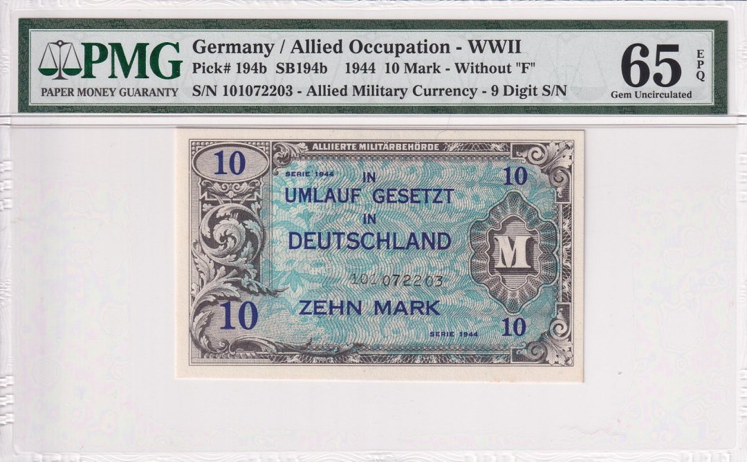 【收藏联盟】第121期拍卖——现代戏剧之父 【一组6张】德国二战时期 盟军占领时期军票 1944年1-100马克PMG64-PMG65EPQ（包含1张豹子号）