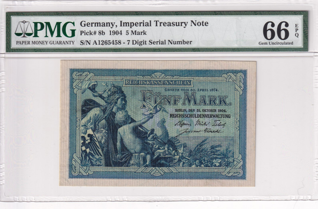 【收藏联盟】第121期拍卖——现代戏剧之父 德国 1904年 5马克 p8b PMG66EPQ 绝品较少
