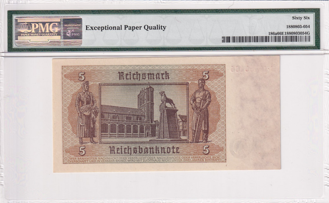 【收藏联盟】第121期拍卖——现代戏剧之父 德国 1942年 5马克 p186a PMG66EPQ  绝品较少