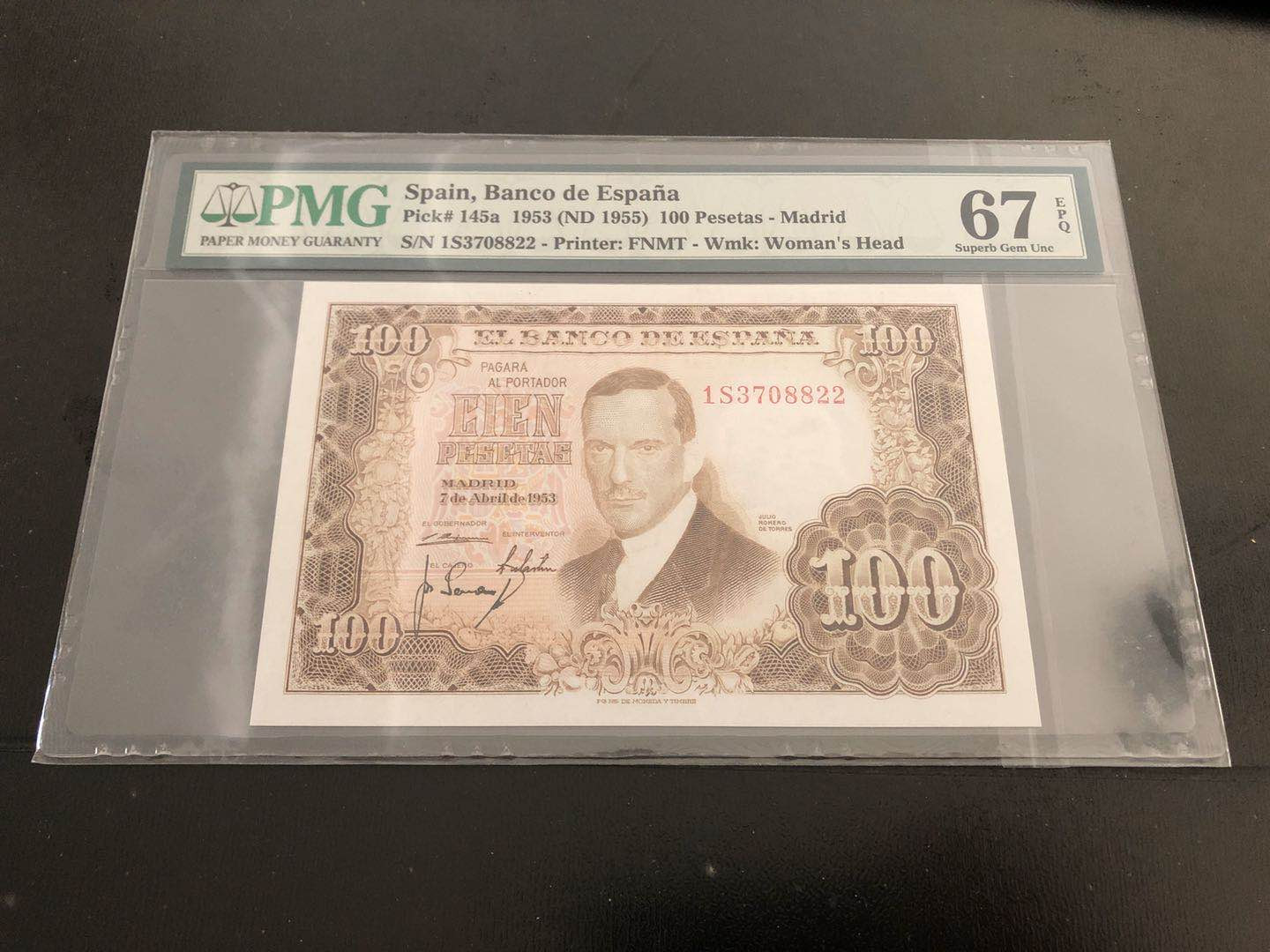 【收藏联盟】第121期拍卖——现代戏剧之父 西班牙 1953年100比塞塔  PMG67EPQ 