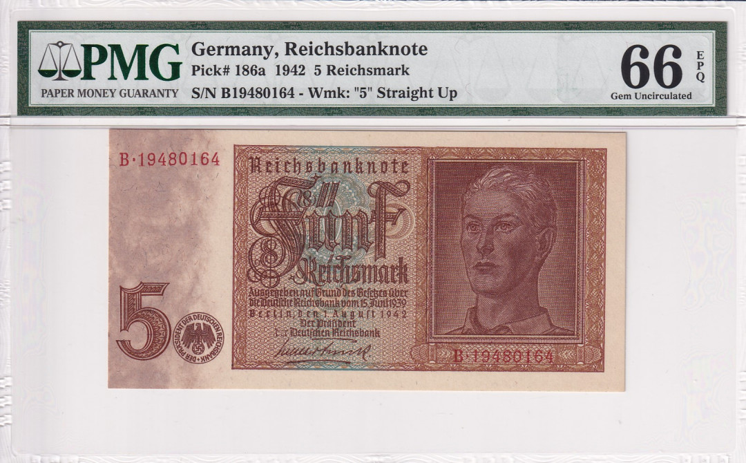 【收藏联盟】第121期拍卖——现代戏剧之父 德国 1942年 5马克 p186a PMG66EPQ  绝品较少