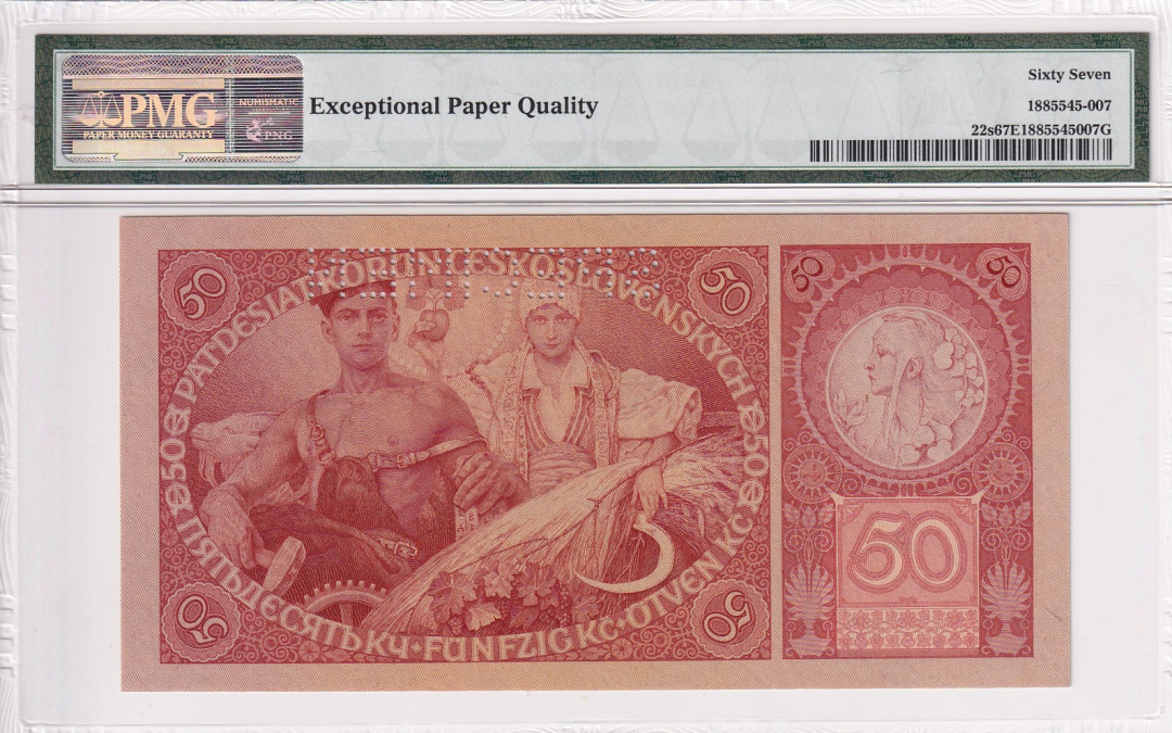 【收藏联盟】第121期拍卖——现代戏剧之父 【样钞-333豹子号】捷克斯洛伐克 1929年 50克朗PMG67EPQ 高分