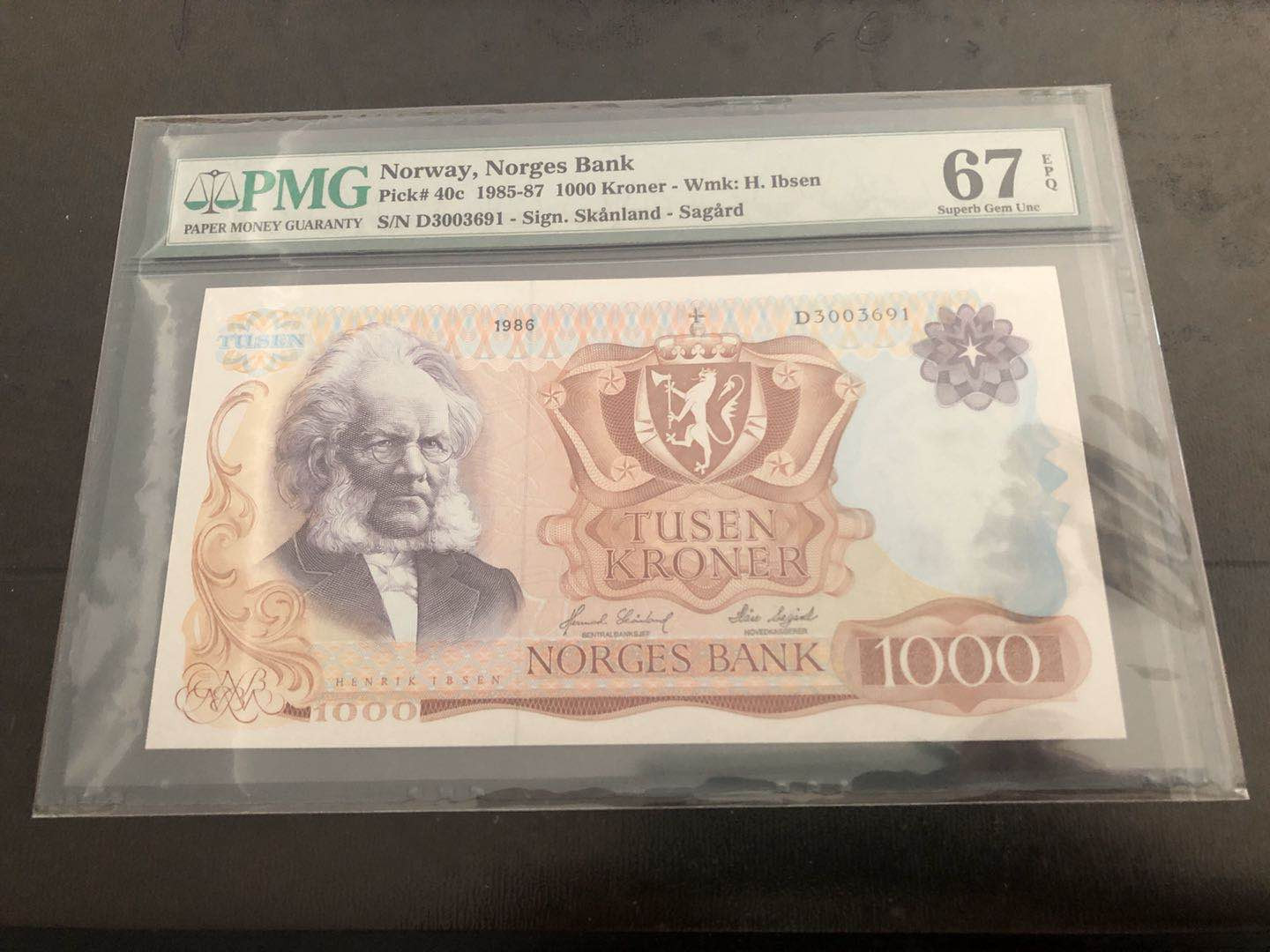 【收藏联盟】第121期拍卖——现代戏剧之父 挪威 1985-87年 1000克朗 PMG67EPQ 高分 p82c