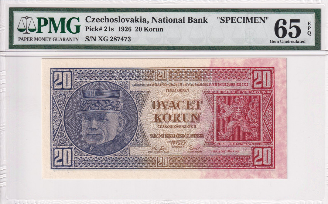 【收藏联盟】第121期拍卖——现代戏剧之父 【样钞】捷克斯洛伐克 1926年 20克朗PMG65EPQ