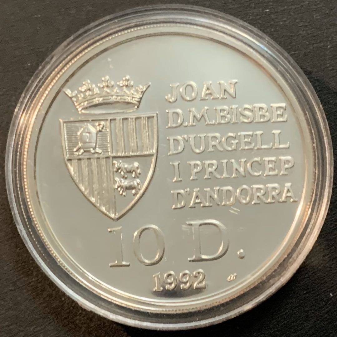 紫瑗钱币—微拍第27期  安道尔 1992年 珍稀野生动物 梅花鹿 10第纳尔 31.1克 0.925银 精制