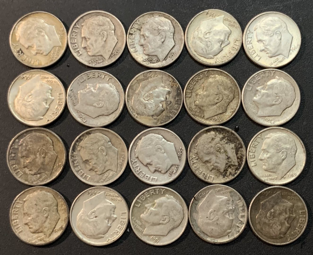 紫瑗钱币—微拍第27期  美国 1946—1964年 罗斯福 10美分 银币 20枚一组 共50克 0.9银