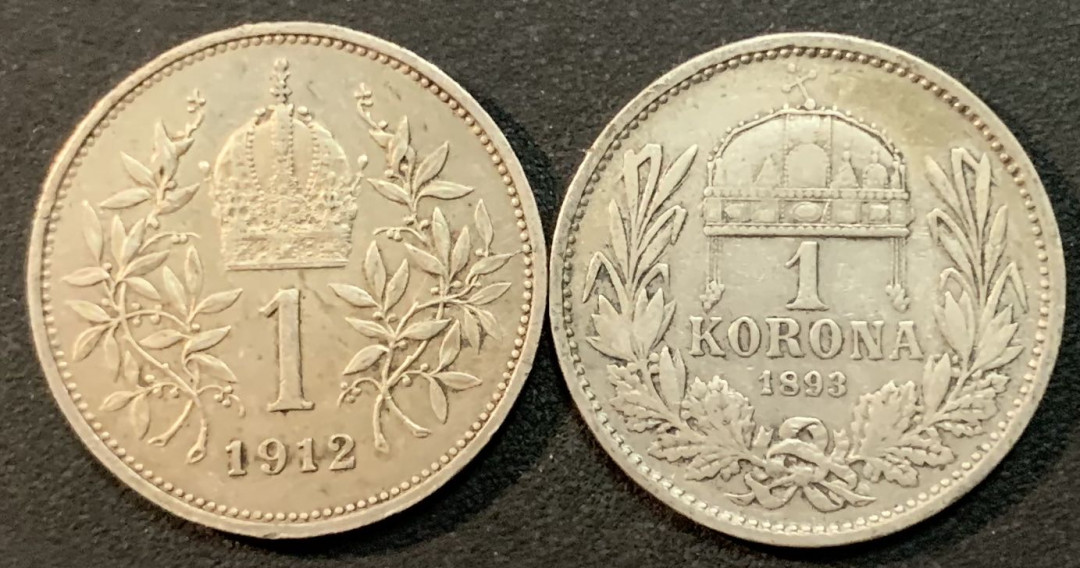 紫瑗钱币—微拍第27期  奥匈帝国 1893 1912年 1克朗 银币 2枚不同版别