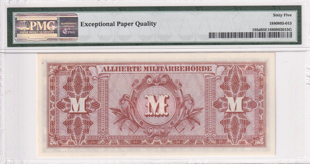 【收藏联盟】第121期拍卖——现代戏剧之父 【一组6张】德国二战时期 盟军占领时期军票 1944年1-100马克PMG64-PMG65EPQ（包含1张豹子号）