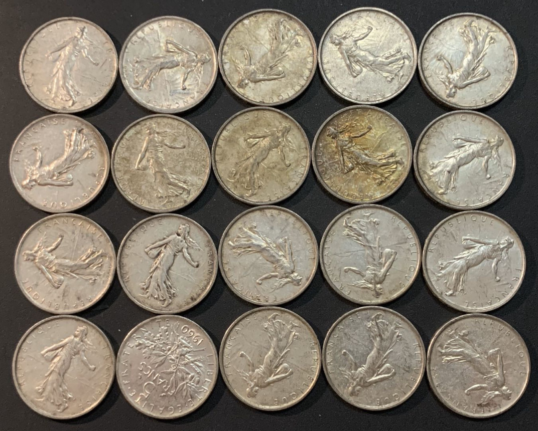 紫瑗钱币—微拍第27期  法国 1960—1969年 播种 5法郎 20枚一组 共240克 0.835银