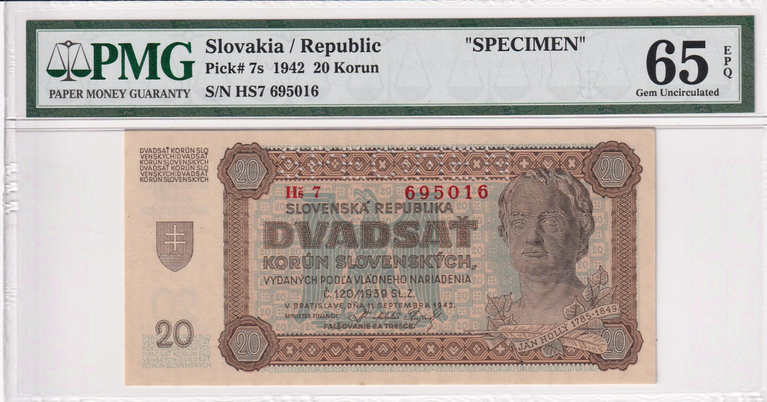 【收藏联盟】第121期拍卖——现代戏剧之父 【样钞】捷克斯洛伐克 1942年 20克朗PMG65EPQ  p7S