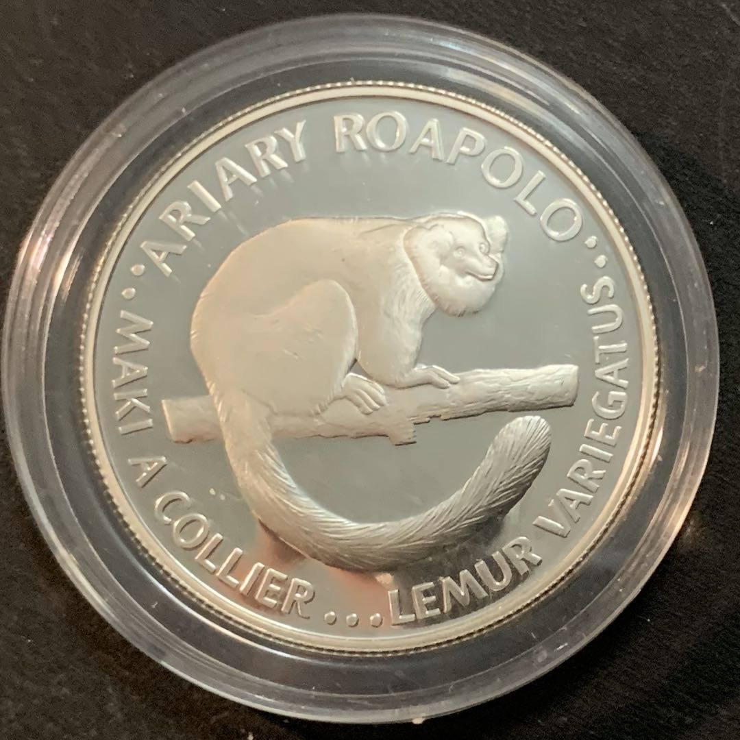 紫瑗钱币—微拍第28期  毛里塔尼亚 1988年 濒危野生动物 狐猴 20阿里 19.44克 0.925银 精制