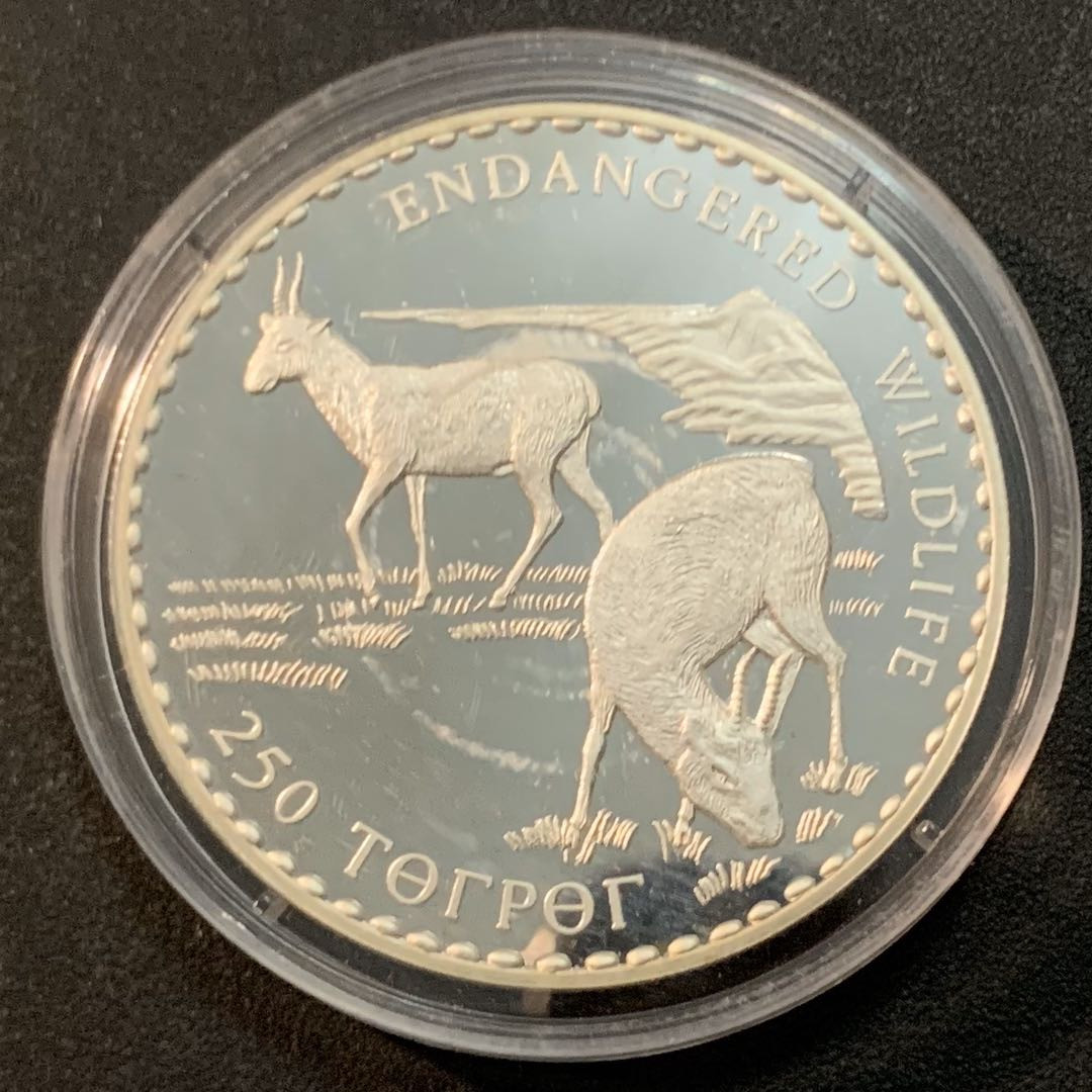 紫瑗钱币—微拍第28期  蒙古 1993年 WWF野生动物 赛加羚羊 250 图格里 31.47克 0.925银 精制