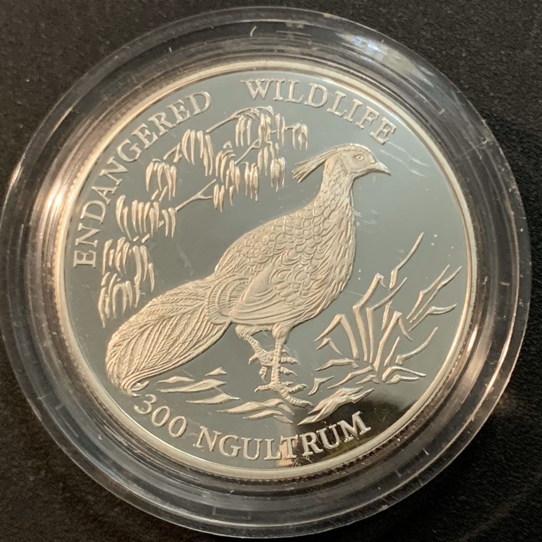 紫瑗钱币—微拍第28期  不丹 1994年  濒危野生动物系列 卡利鸡 300努尔特鲁姆 31.5克 0.925银 精制
