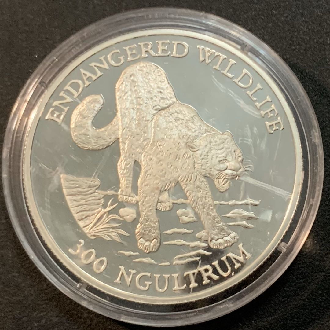 紫瑗钱币—微拍第28期  不丹 1991年  濒危野生动物系列 雪豹 300努尔特鲁姆 31.5克 0.925银 精制