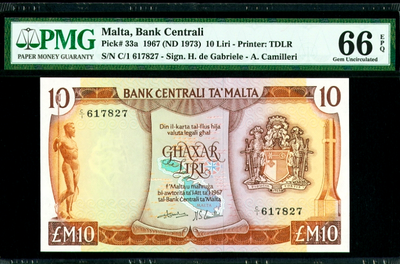 【收藏联盟】第122期拍卖——海神的召唤 - 【唯一首发冠首发签名冠军分】马耳他 1967年 p33a  10里拉 经典彩背 热门品种 PMG66EPQ 罕见 仅1张66分 最高分 65分都拍了900美金