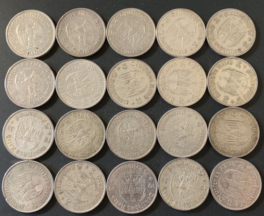 紫瑗钱币—微拍第28期  德国 1934—1935年 教堂 5马克 20枚一组 共 277.6克 0.9银